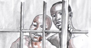 Illustration depicting two of the innocent gay prisoners who can be released if readers support Project Not Alone. To DONATE, click the image. (Illustration by Vincent Kyabayinze, East Africa Visual Artists / EAVA Artists)