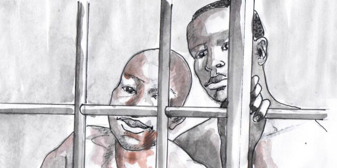 Illustration depicting two of the innocent gay prisoners who can be released if readers support Project Not Alone. To DONATE, click the image. (Illustration by Vincent Kyabayinze, East Africa Visual Artists / EAVA Artists)