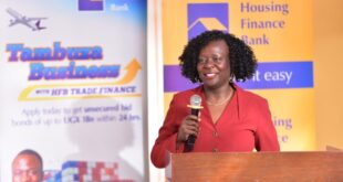 Ms. Angela Ndawula, Head Business and Institutional Banking addressing the media and attendees at the recently concluded 3rd edition of the HFB Business clinic held at their head office in Kololo