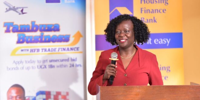 Ms. Angela Ndawula, Head Business and Institutional Banking addressing the media and attendees at the recently concluded 3rd edition of the HFB Business clinic held at their head office in Kololo