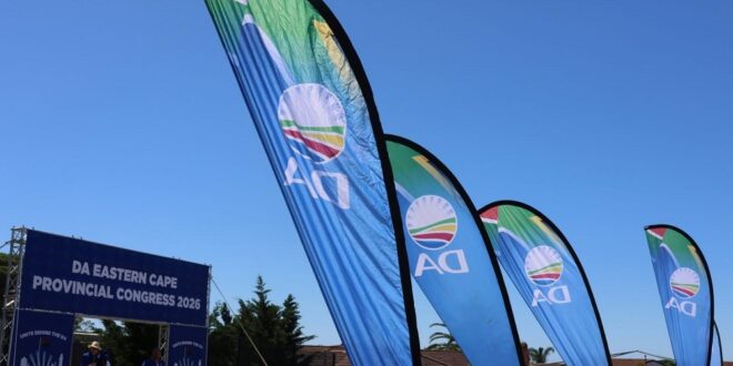 Flags of the Democratic Alliance are seen at the party's Eastern Cape Elective Congress on 27 February 2026.
