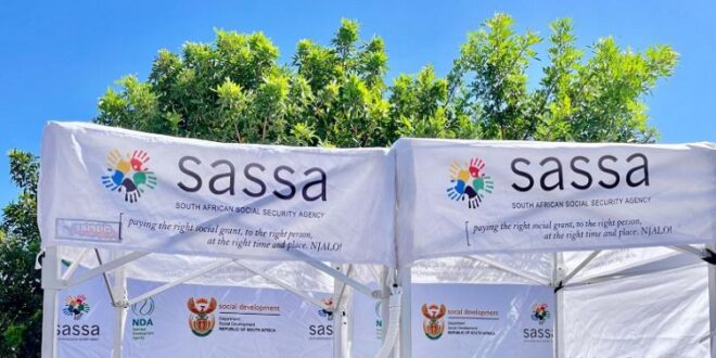 South African Social Security Agency (Sassa) banners.