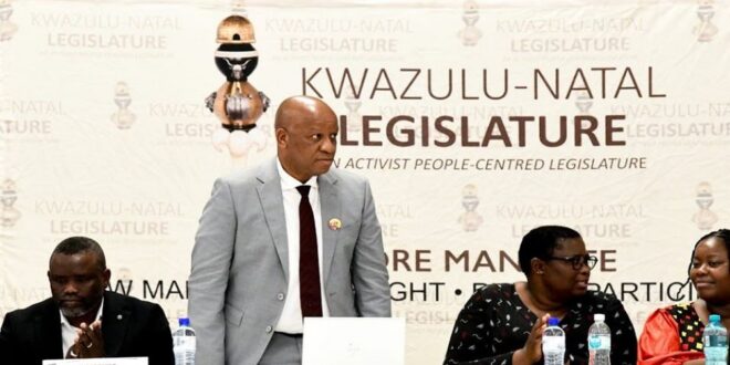 KwaZulu-Natal Premier Thami Ntuli speaks during community engagements at Cecil Emmett Hall in Vryheid on November 6, 2025.