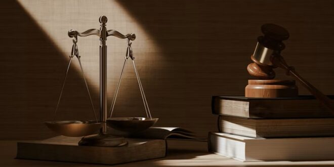 Justice scale and law books.