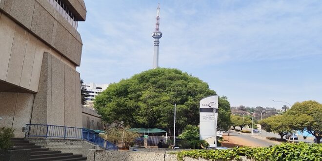 SABC’s Henley entrance with the Sentech tower in the background.