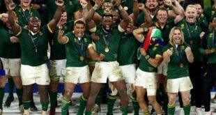 Springbok Captain Siya Kolisi lifts The Webb Ellis Cup as they celebrate winning the Rugby World Cup 2023 finals against New Zealand at Stade de France in Saint-Denis, France on October 28, 2023.
