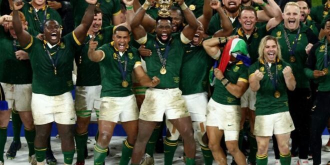 Springbok Captain Siya Kolisi lifts The Webb Ellis Cup as they celebrate winning the Rugby World Cup 2023 finals against New Zealand at Stade de France in Saint-Denis, France on October 28, 2023.