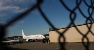 A U.S Immigration and Customs Enforcement flight operates out of a Seattle airport in August 2025. (Lindsey Wasson photo courtesy of AP)