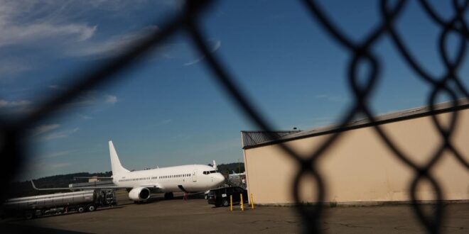 A U.S Immigration and Customs Enforcement flight operates out of a Seattle airport in August 2025. (Lindsey Wasson photo courtesy of AP)