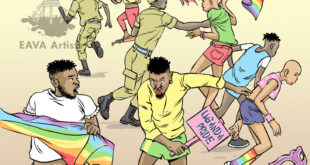Illuatration shows Ugandan police breaking up a Pride celebration. East Africa Visual Artists used this artwork as an illustration of its article about the court ruling on the ban of the 2014 LGBTQ rights workshop.