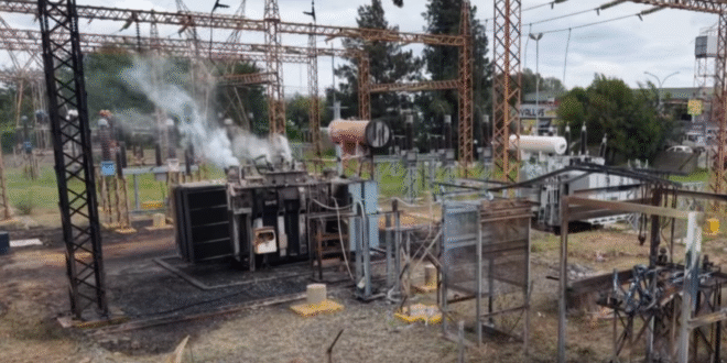 Smoke is seen rising at the Town Substation in Vanderbijlpark in the Vaal after catching fire.