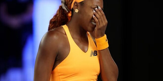 Coco Gauff of the US reacts during her quarterfinal match against Ukraine's Elina Svitolina during the Australian Open at Melbourne Park, Australia on January 27, 2026.