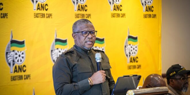 ANC Secretary General Fikile Mbalula addresses party members in East London in the Eastern Cape on 24 March 2026.