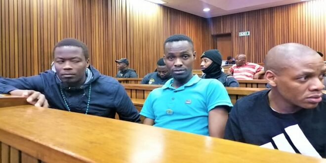 [File Image] Accused 1, 2 and 3, Muzi Sibiya, Bongani Ntanzi, and Prince Mncube seating in the dock at the Senzo Meyiwa murder trial in Pretoria.