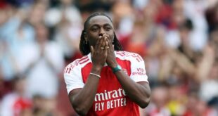 New Arsenal signing Eberechi Eze is unveiled to the fans before the Premier League match with Leeds United at Emirates Stadium in London, Britain on August 23, 2025.
