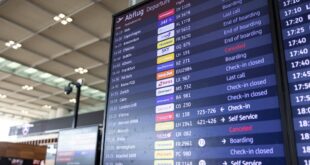A display board shows canceled flights to Tel Aviv and Doha at BER Airport in Schoenefeld, Brandenburg, Germany on March 1, 2026.