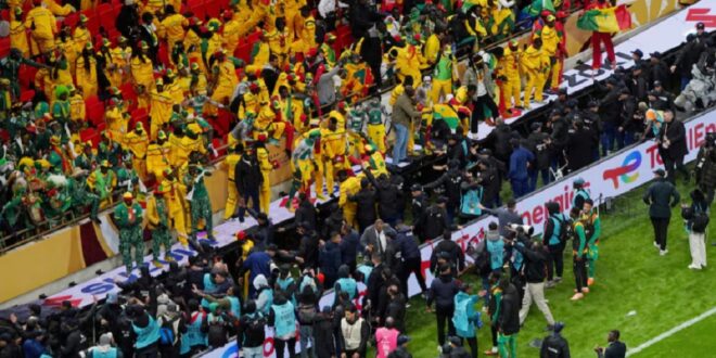 Senegal fans react in the stand after Morocco were awarded a penalty following a VAR review.