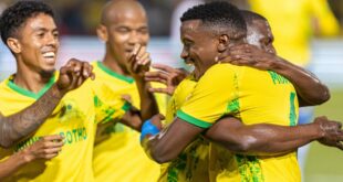 Mamelodi Sundowns players celebrate a goal during a match.