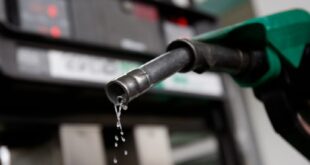 A man poses with a gasoline pump at a petrol station.