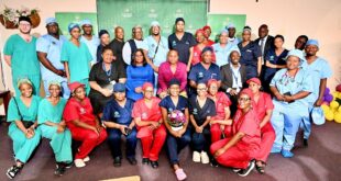 Limpopo Premier Phophi Ramathuba is pictured with the team of surgeons and staff from the Mankweng Hospital who successfully separated conjoined twins born in January this year.