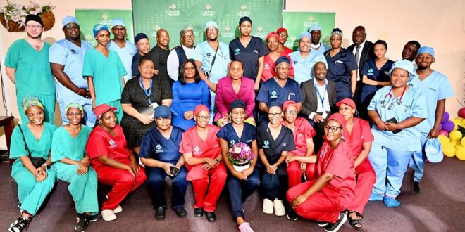 Limpopo Premier Phophi Ramathuba is pictured with the team of surgeons and staff from the Mankweng Hospital who successfully separated conjoined twins born in January this year.