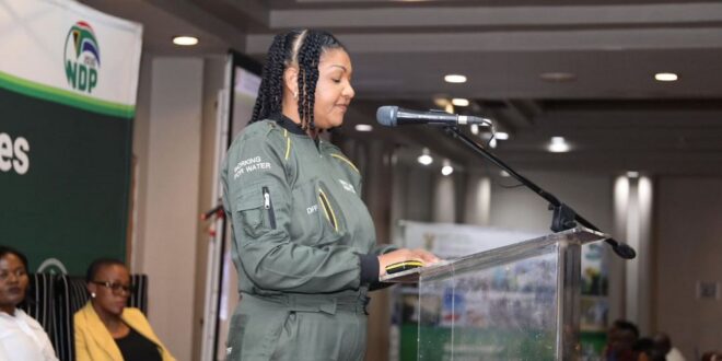 Forestry, Fisheries and Environmental Affairs Deputy Minister Bernice Swarts delivers the opening address at the Waste Khoro Conference in Bloemfontein on March 18, 2026.