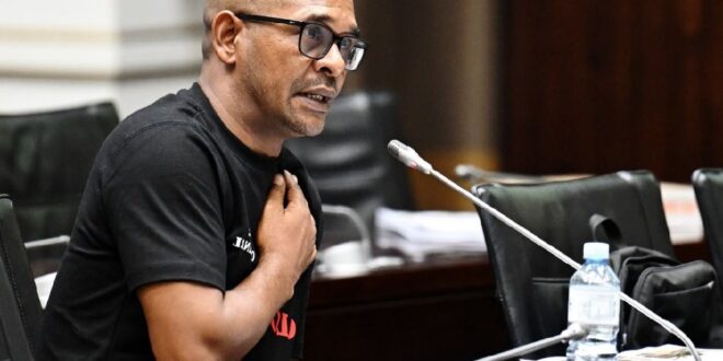 Member of Parliament Fadiel Adams appears before Parliament’s Ad Hoc Committee on March 4, 2026.