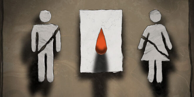 Illustration shows two cracked restroom symbols with a flow of blood between them. (Rex Opara illustration courtesy of Minority Africa)