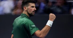 Serbia's Novak Djokovic celebrates after winning his final match against Italy's Lorenzo Musetti during the ATP 250 Hellenic Championship at Telekom Center Athens in Marousi, Greece on November 8, 2025.