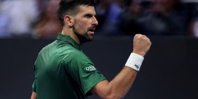 Serbia's Novak Djokovic celebrates after winning his final match against Italy's Lorenzo Musetti during the ATP 250 Hellenic Championship at Telekom Center Athens in Marousi, Greece on November 8, 2025.