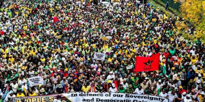 ANC members participate in the People's March in Johannesburg.