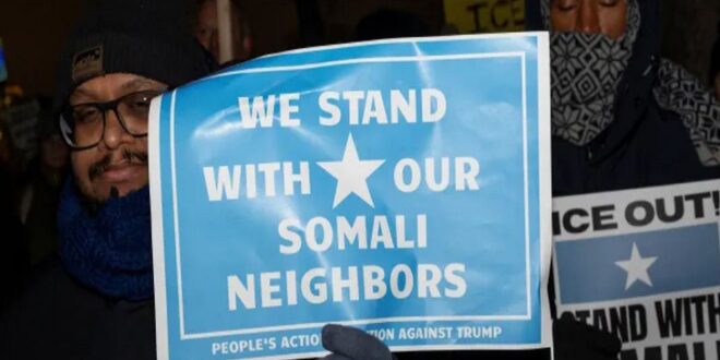 Demonstrators rally against Immigration and Customs Enforcement (ICE), amid a reported federal immigration operation targeting the Somali community, in Minneapolis, Minnesota, US on December 8, 2025.