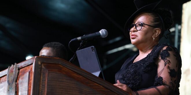 Free State Premier MaQueen Letsoha-Mathae speaks at the late Congress of the People (COPE) leader Mosiuoa "Terror" Lekota’s funeral at the Old Grey Sports ground in Bloemfontein on March 14, 2026.