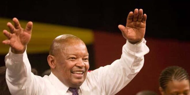 Former South African Defence Minister Mosiuoa Lekota waves to supporters after being elected leader of the country’s Congress of the People (COPE) party at its conference in Bloemfontein on December 16, 2008.