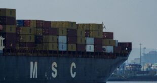 The container ship MSC Ronit R, which departed the French port of Le Havre eight days previously, arrives at the Port Newark Container Terminal in Newark, New Jersey, United States (US) July 27, 2025.