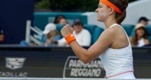 Karolina Muchova (CZE) reacts after winning the first set against Victoria Mboko (CAN) (not pictured) on day eight of the 2026 Miami Open at Hard Rock Stadium on March 24, 2026.