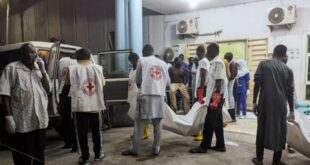 Members of the Nigerian Red Cross carry body bags containing casualties at a Maiduguri hospital following explosions that struck the northeastern city of Maiduguri, Borno State, Nigeria on March 16, 2026.