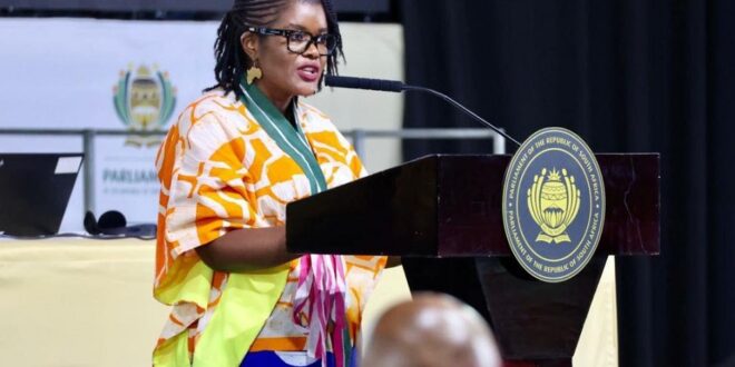 Former Higher Education and Training Minister Dr. Nobuhle Nkabane delivers speech during the SONA debate on February 11, 2026.