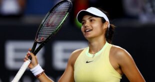 Britain's Emma Raducanu celebrates after winning her first round match against Shelby Rogers of the US during the Australian Open at Melbourne Park in Australia on January 16, 2024.