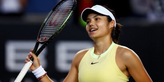 Britain's Emma Raducanu celebrates after winning her first round match against Shelby Rogers of the US during the Australian Open at Melbourne Park in Australia on January 16, 2024.