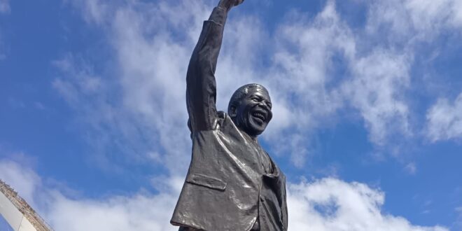 Newly unveiled statue of former ANC leader Nelson Mandela at Moses Mabhidha Stadium in KwaZulu-Natal on March 3, 2026.