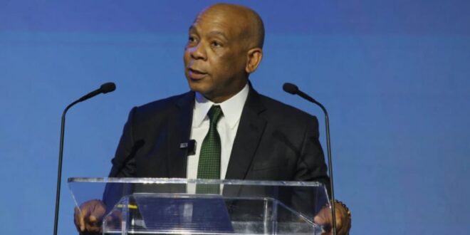 Electricity Minister Kgosientsho Ramokgopa speaking at a government event.