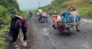 Civilians push their belongings on a wooden handcart known as Tshikudu as they flee after heavy gunfire that raised fears of M23 rebels advancing along a road from Sake near Goma in the North Kivu province of the Democratic Republic of Congo on February 9, 2023.