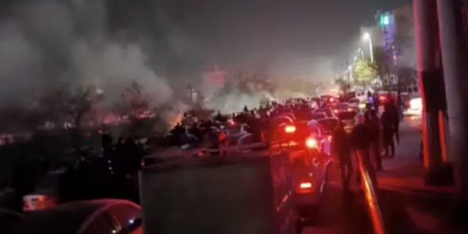 Smoke rises as protesters gather amid evolving anti-government unrest in Mashhad, Razavi Khorasan province, Iran, released on January 10, 2026.