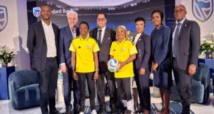 South African Football Federation (SAFA) President Dr Danny Jordaan, Bafana Bafana Head Coach Hugo Broos, Banyana Banyana Coach Desiree Ellis and other at the announcement of Standard Bank’s partnership with SAFA on March 2, 2026.