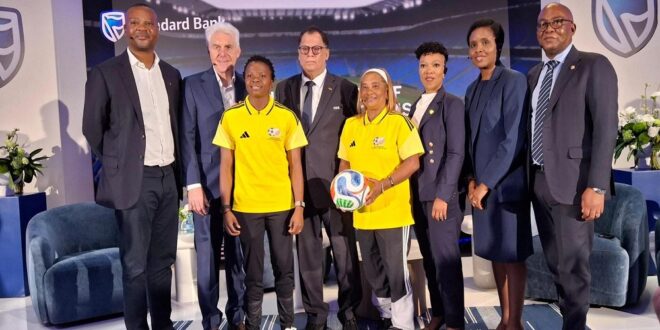 South African Football Federation (SAFA) President Dr Danny Jordaan, Bafana Bafana Head Coach Hugo Broos, Banyana Banyana Coach Desiree Ellis and other at the announcement of Standard Bank’s partnership with SAFA on March 2, 2026.