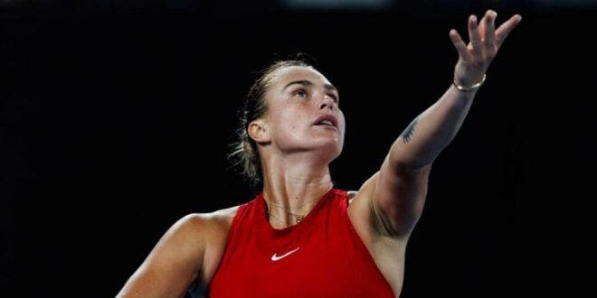 Aryna Sabalenka of Belarus in action against Coco Gauff of the United States in the semi-final of the women’s singles at the Australian Open in Melbourne, Victoria, Australia on January 25, 2024.