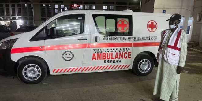 An emergency official stands outside Borno State Specialist Hospital, where people injured in an explosion during evening prayers at a mosque are being treated, in Maiduguri, Borno State, Nigeria on December 24, 2025.