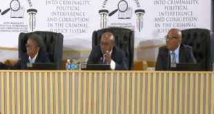Chairperson Justice Mbuyiseli Madlanga and Commissioners Adv Sesi Baloyi and Adv Sandile Khumalo at the Madlanga Commission of Inquiry in Pretoria.