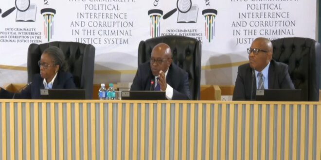 Chairperson Justice Mbuyiseli Madlanga and Commissioners Adv Sesi Baloyi and Adv Sandile Khumalo at the Madlanga Commission of Inquiry in Pretoria.